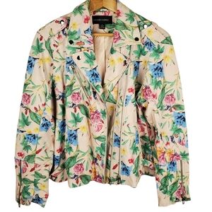 Colleen Lopez Floral Faux Leather Jacket - Pink, Blue, Green, Yellow. XL